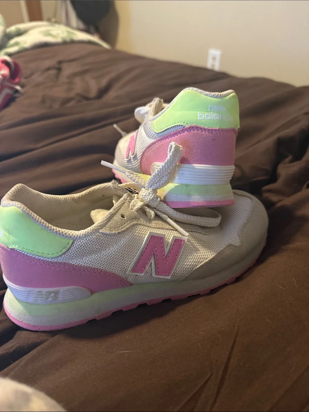 New Balance Kids Cream Sneakers with Pink and Lime Accents